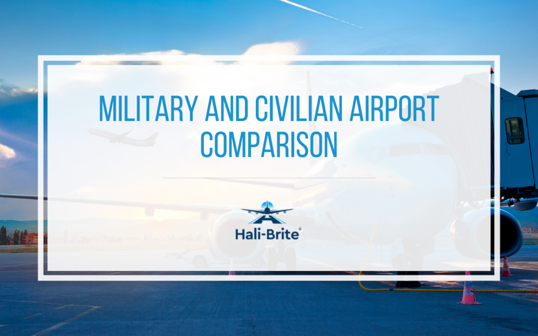 An airplane in an airport overlaid with text: Military and Civilian Airport Comparison