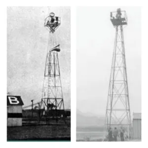 Collage of two rotating airport beacons in the mid 1920s 