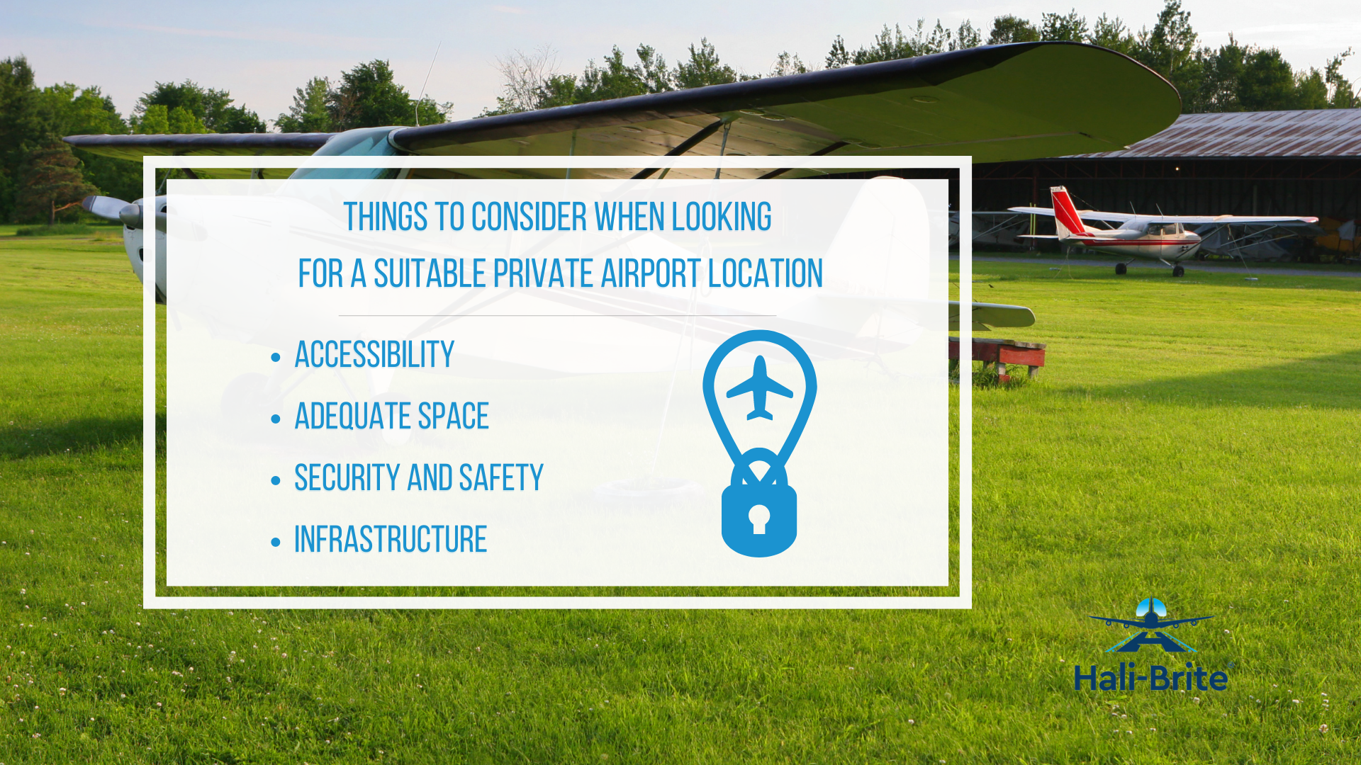 Infographic image of things to consider when looking for a suitable private airport location