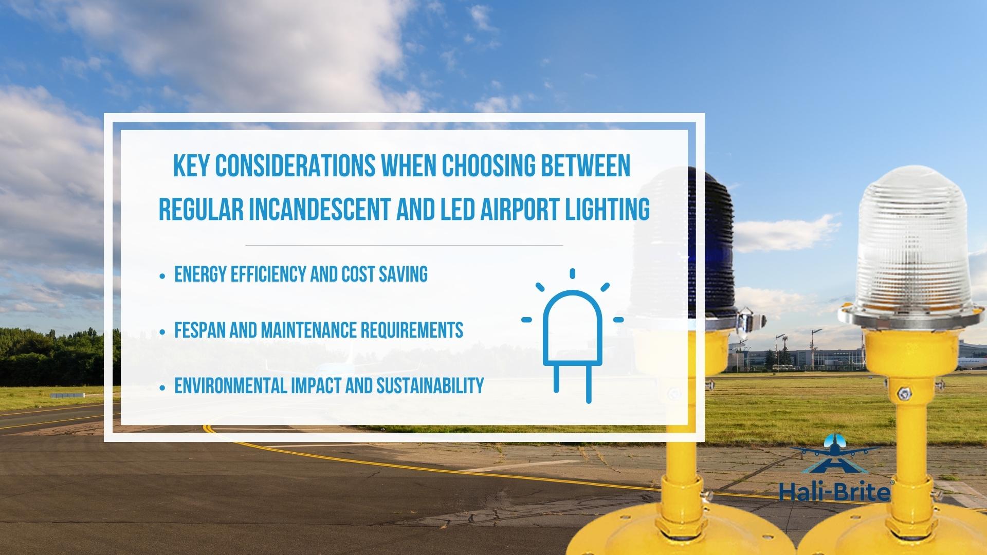 Infographic image of key considerations when choosing between regular incandescent and led airport lighting